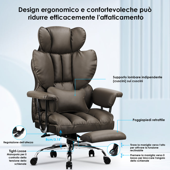 Sedia da Ufficio - RATTANTREE - Poltrona presidenziale - Sedia Girevole con Schienale Alto in Pelle, con Poggiatesta, Bracciolo e Poggiapiedi Retrattile - Marrone