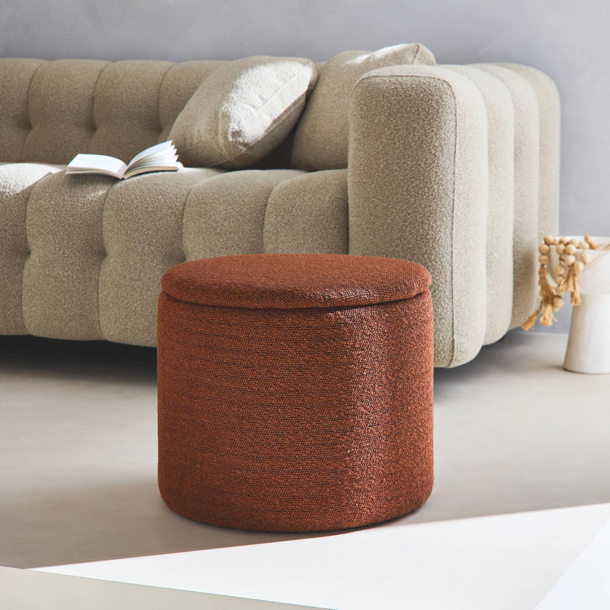 Pouf in tessuto con contenitore, terracotta