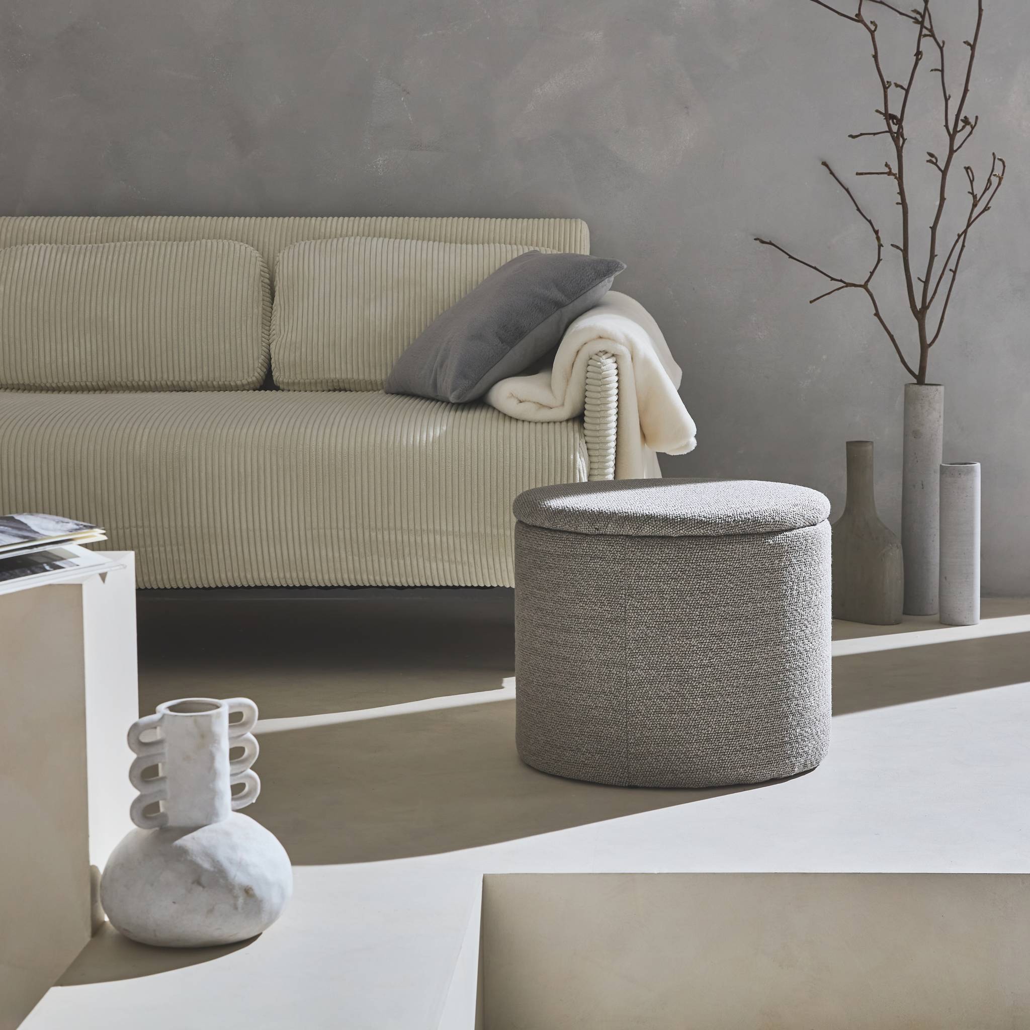Pouf in tessuto con contenitore, beige