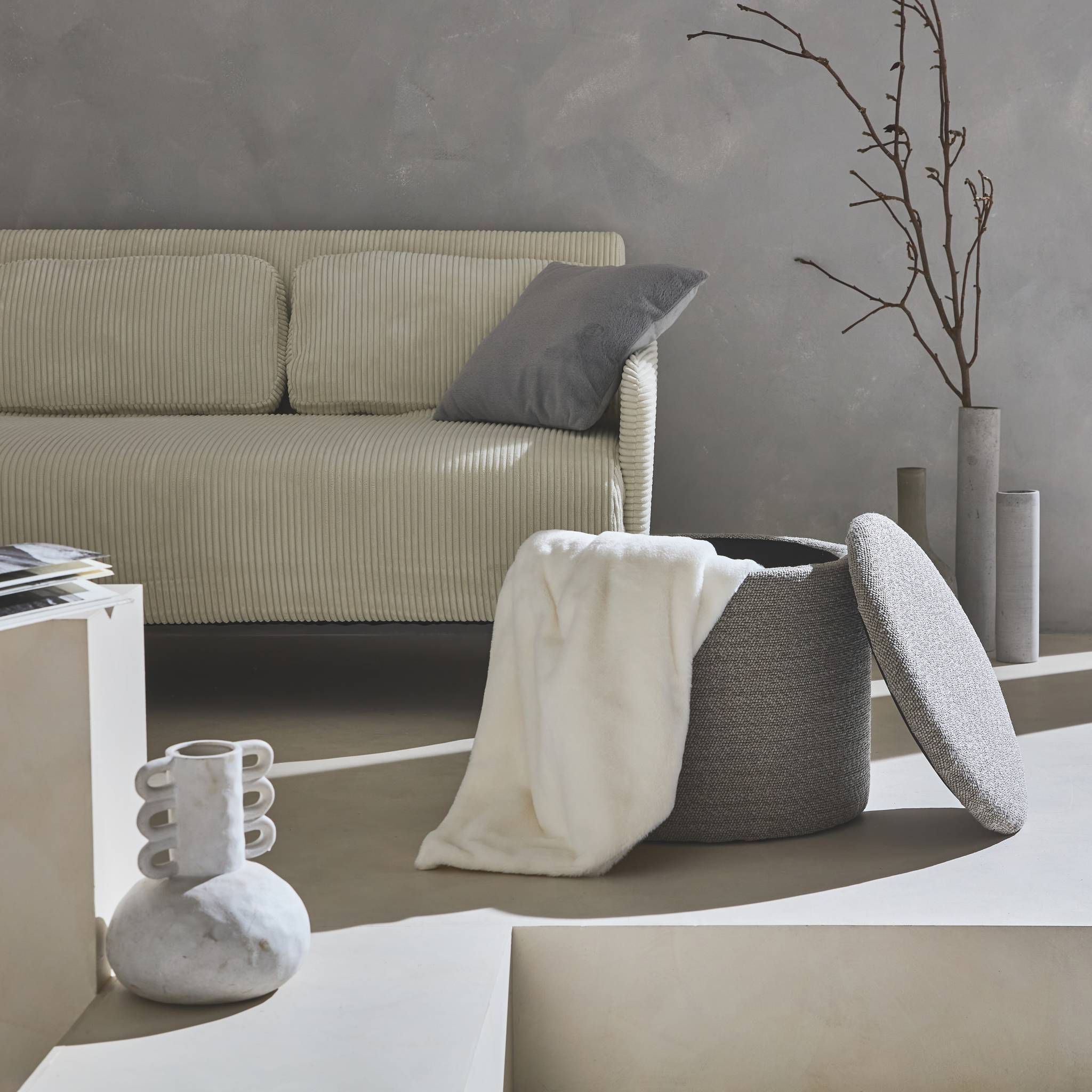 Pouf in tessuto con contenitore, beige