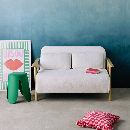 Divano letto convertibile 2 posti in legno di hevea e boucle