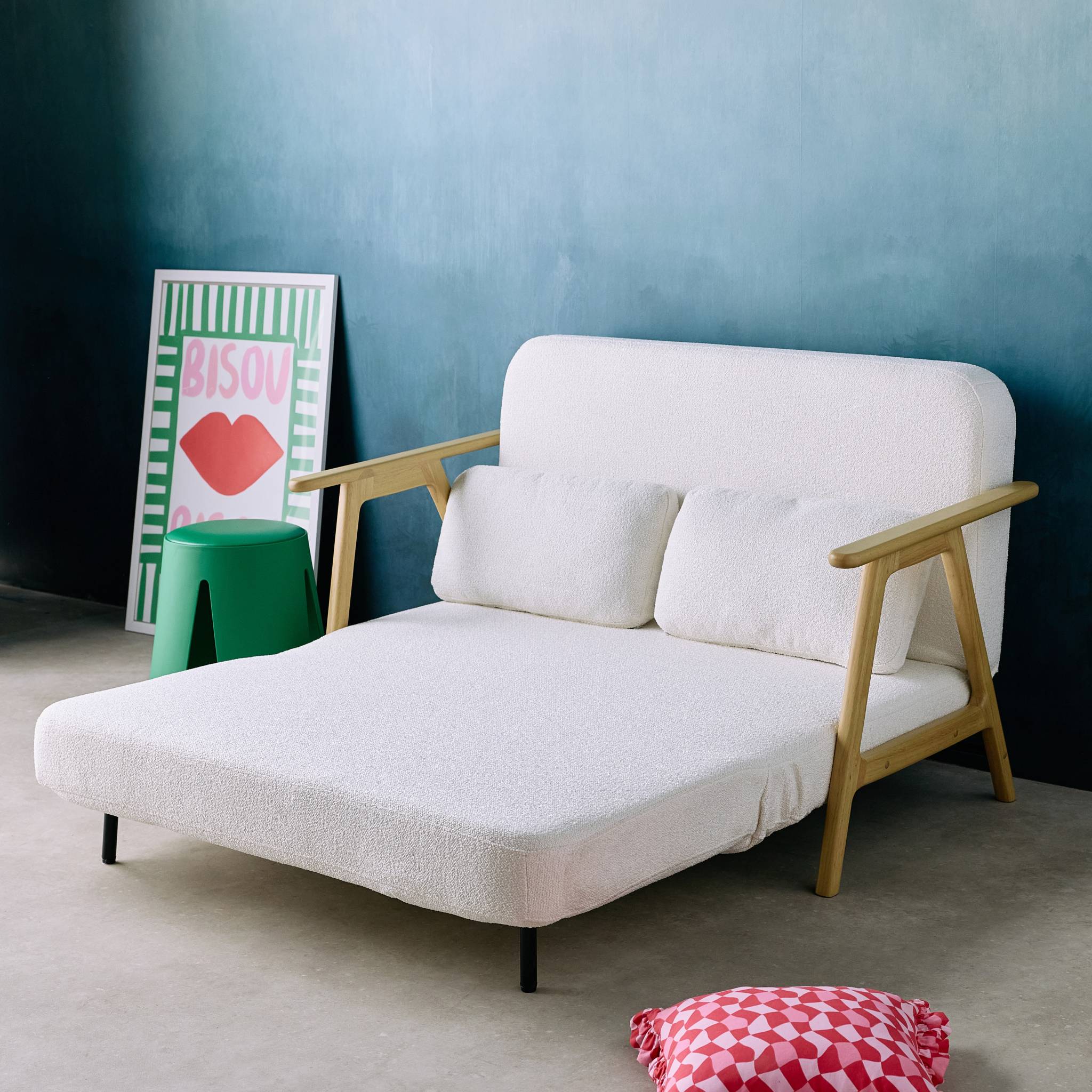 Divano letto convertibile 2 posti in legno di hevea e boucle