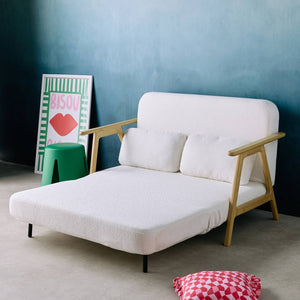 Divano letto convertibile 2 posti in legno di hevea e boucle