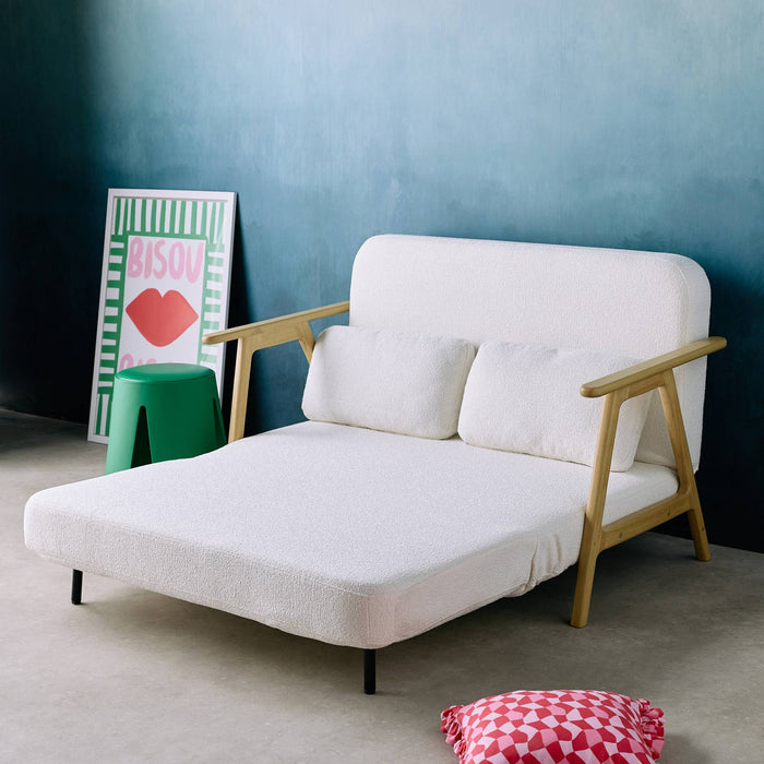 Divano letto convertibile 2 posti in legno di hevea e boucle