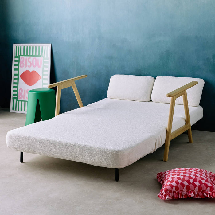 Divano letto convertibile 2 posti in legno di hevea e boucle