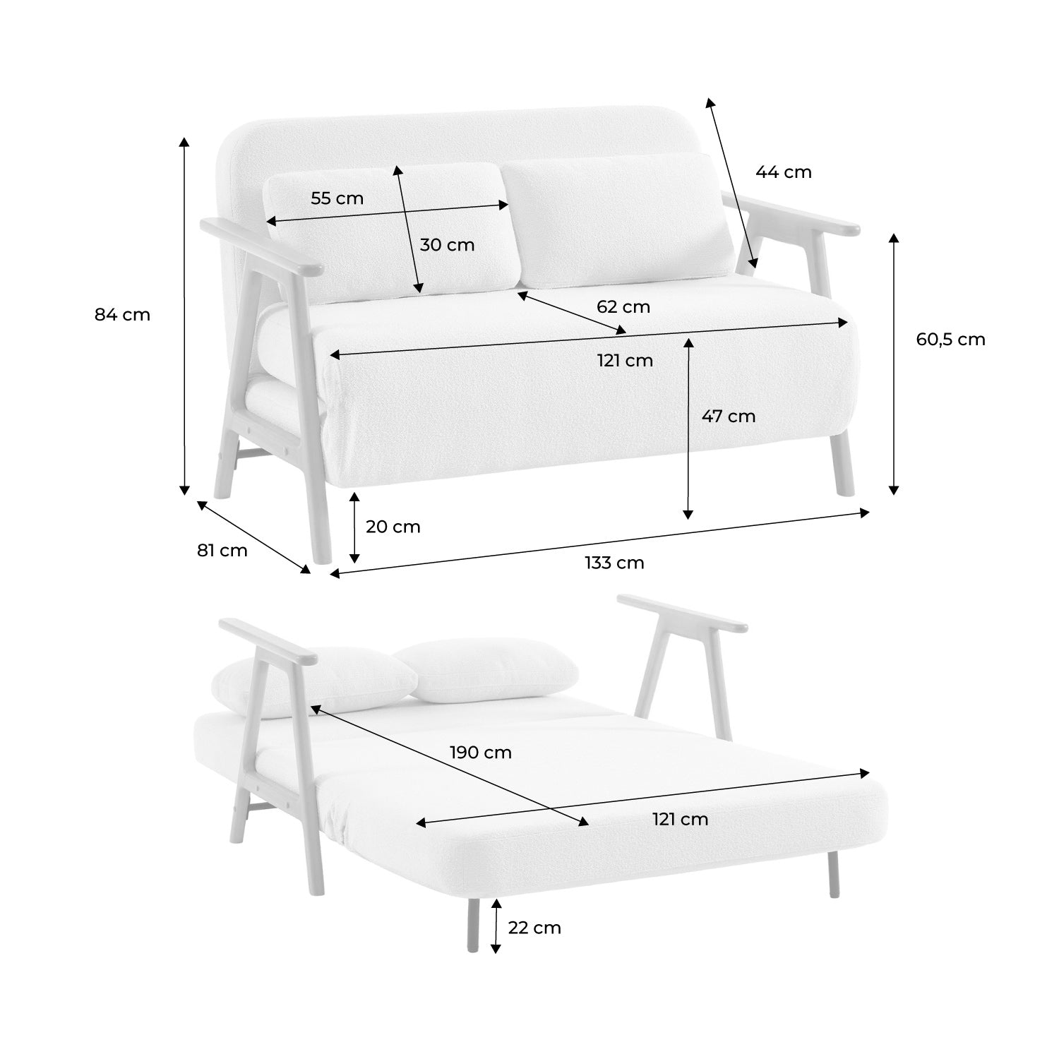 Divano letto convertibile 2 posti in legno di hevea e boucle