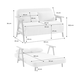 Divano letto convertibile 2 posti in legno di hevea e boucle