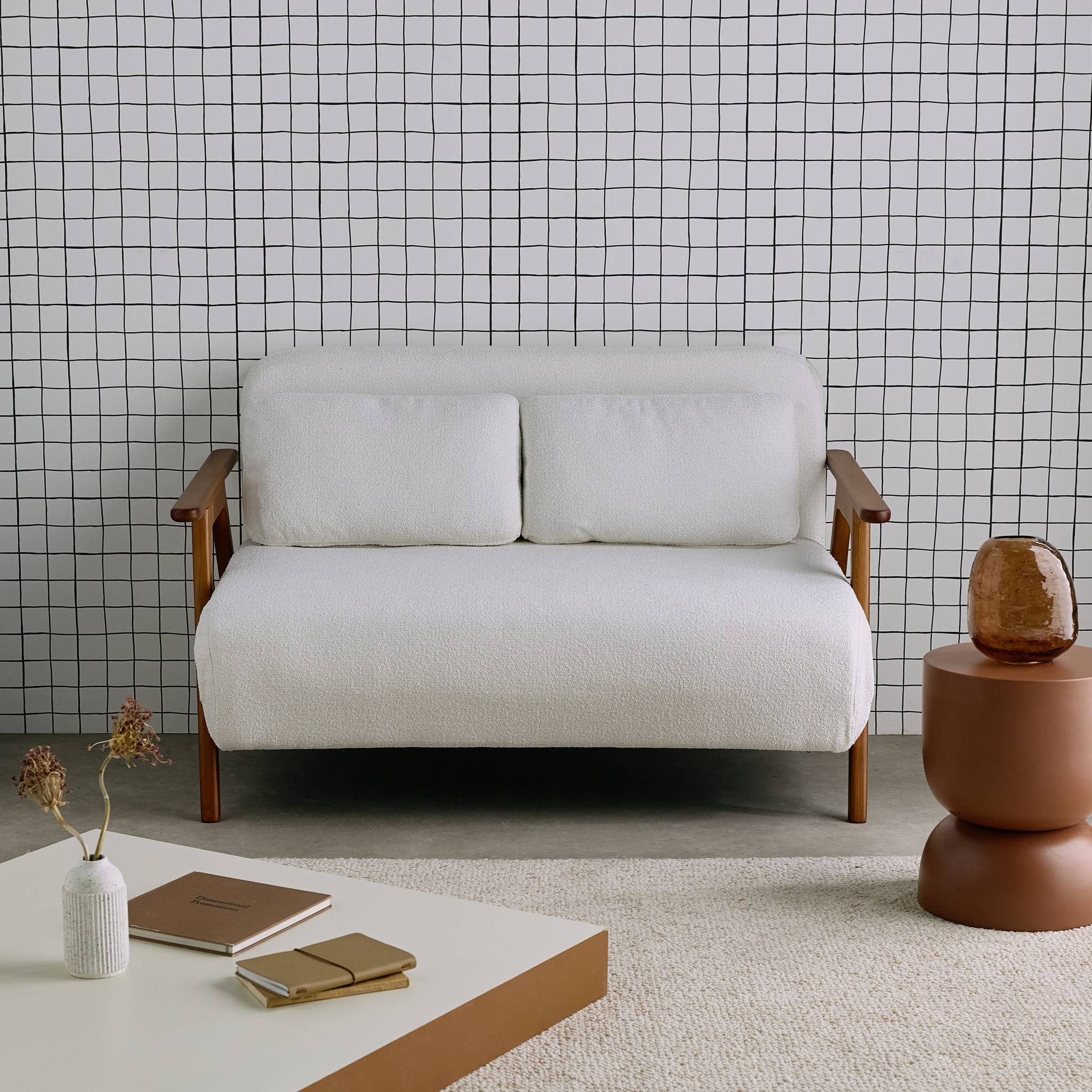 Divano letto convertibile 2 posti in legno di hevea tinto noce chiaro