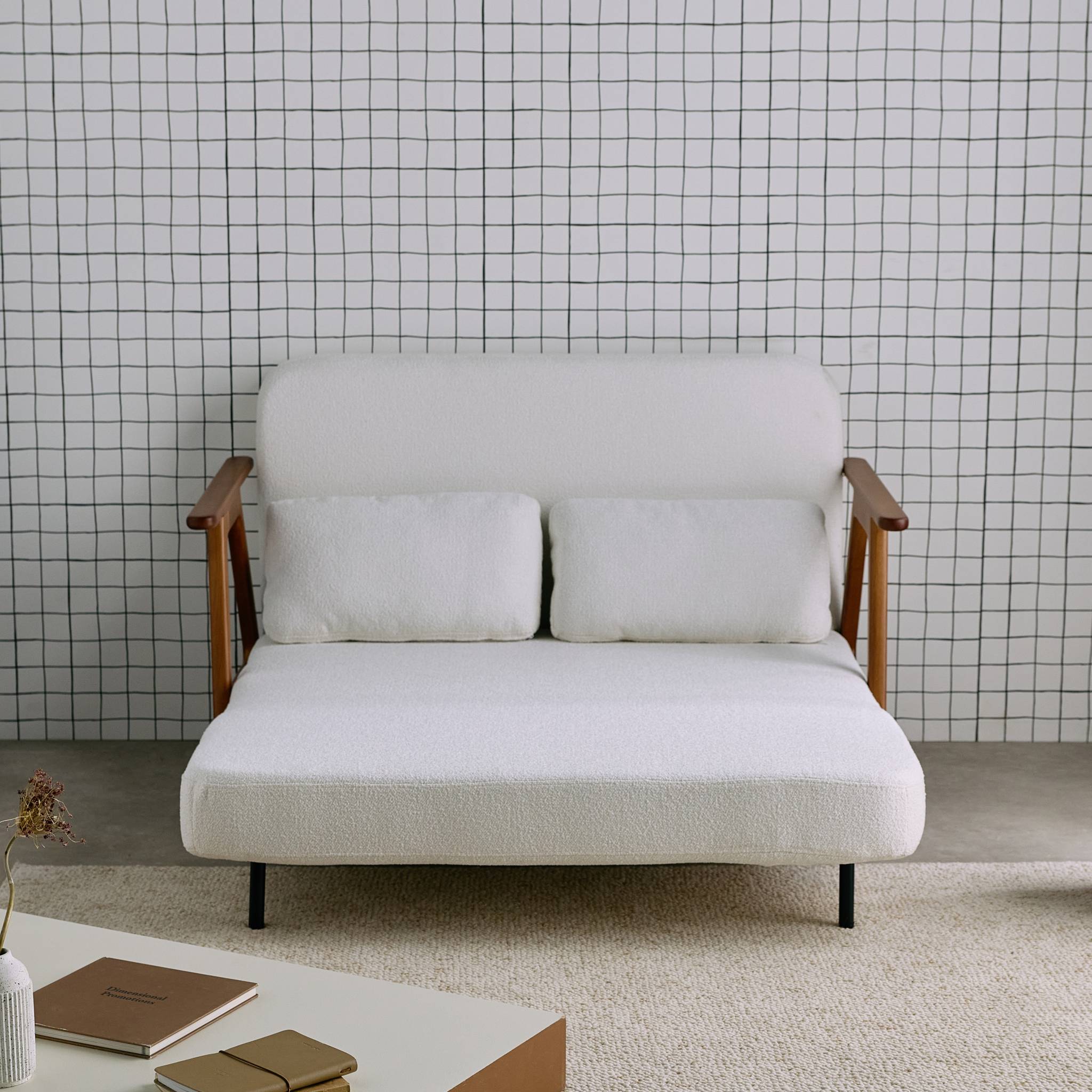 Divano letto convertibile 2 posti in legno di hevea tinto noce chiaro