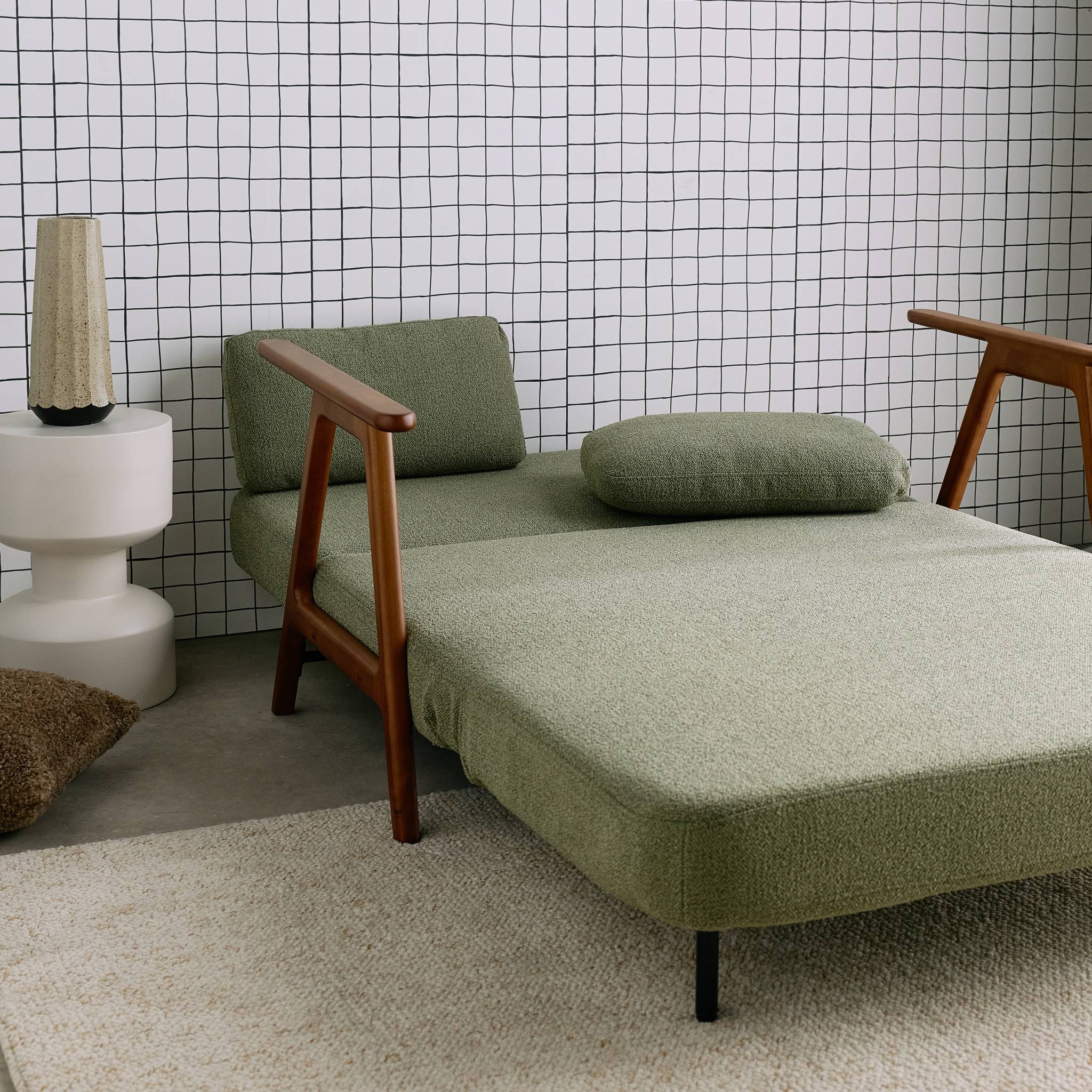 Divano letto convertibile 2 posti in legno di hevea tinto noce chiaro