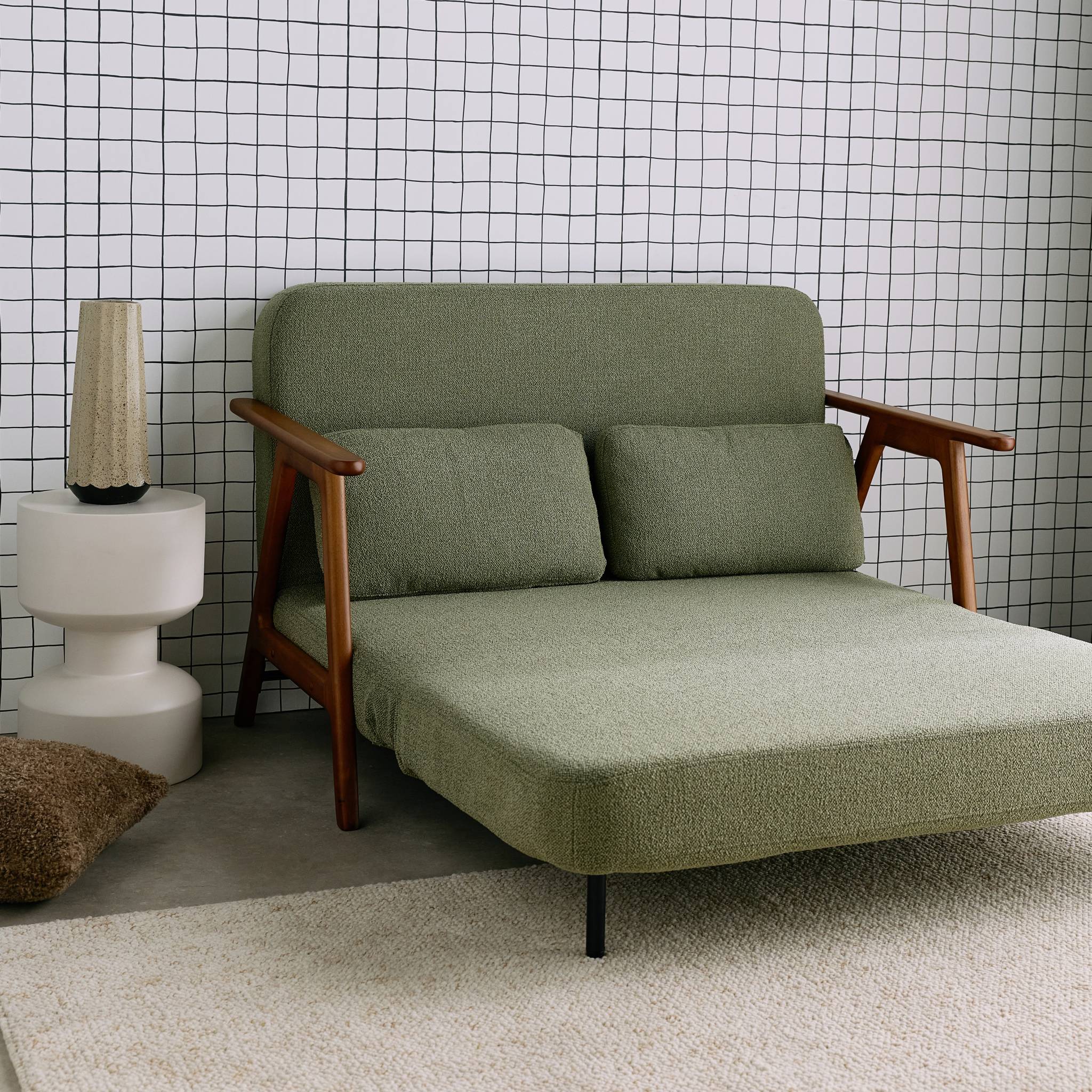 Divano letto convertibile 2 posti in legno di hevea tinto noce chiaro