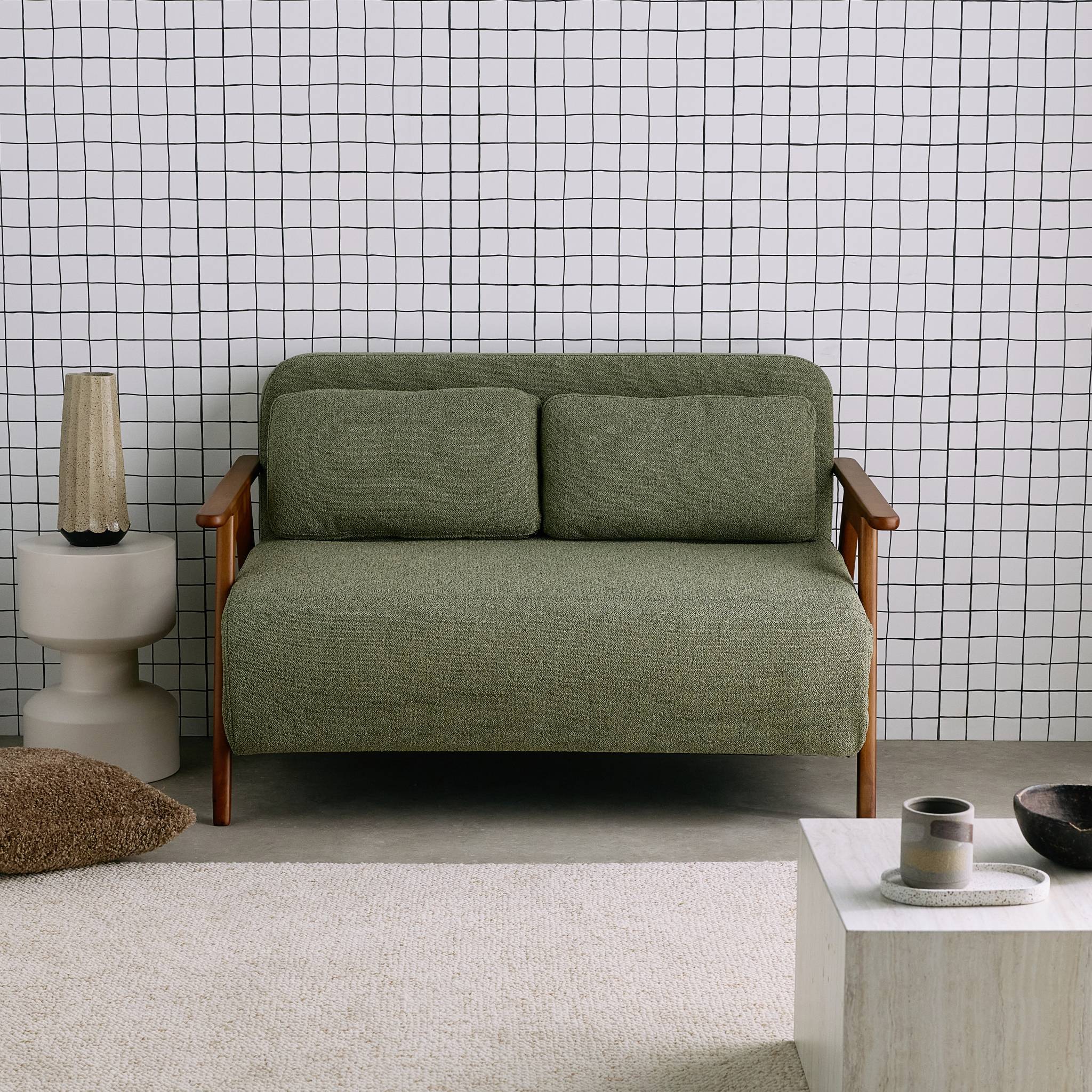 Divano letto convertibile 2 posti in legno di hevea tinto noce chiaro