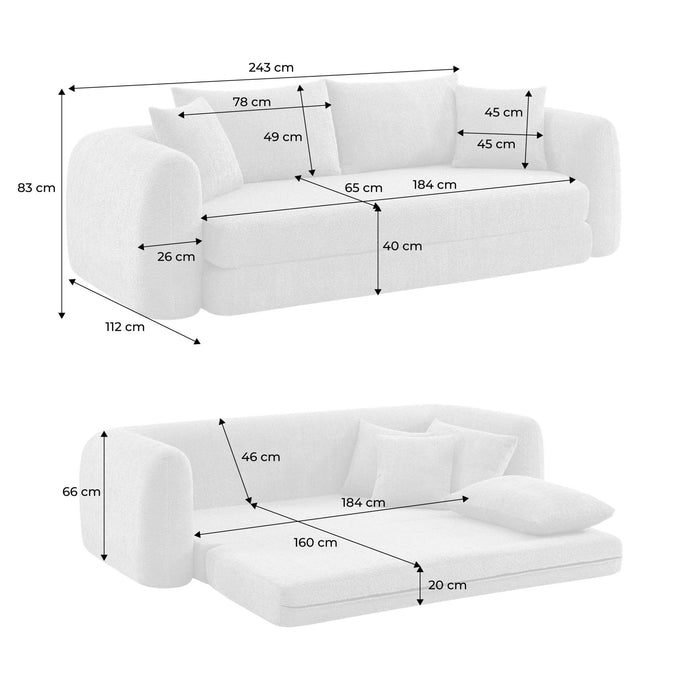 Divano letto 3 posti bouclé testurizzato, bianco sporco