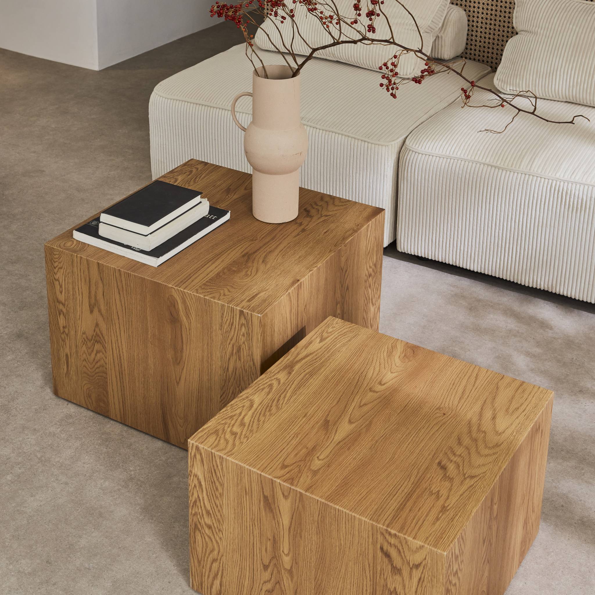 Set di 2 tavolini quadrati effetto frassino, marrone naturale