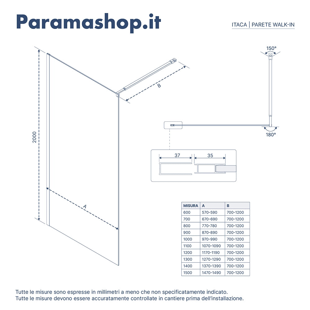 Walk-in 100 cm vetro 8mm anticalcare trasparente h200 | Itaca