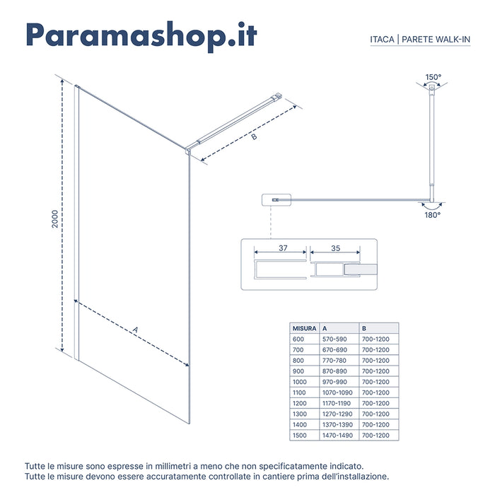 Walk-in 140 cm vetro 8mm anticalcare trasparente h200 | Itaca