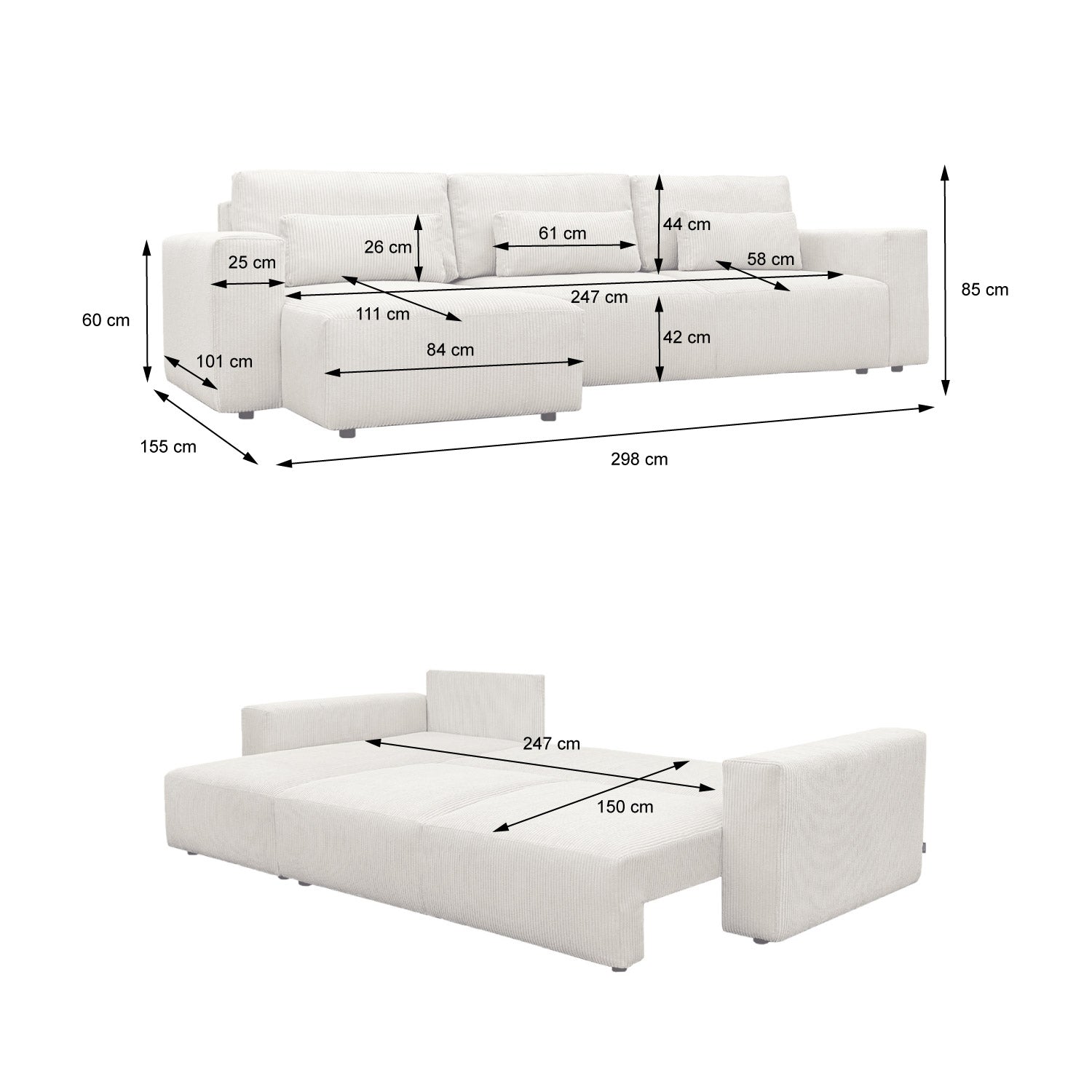 Divano letto reversibile 5 posti velluto a coste, grigio