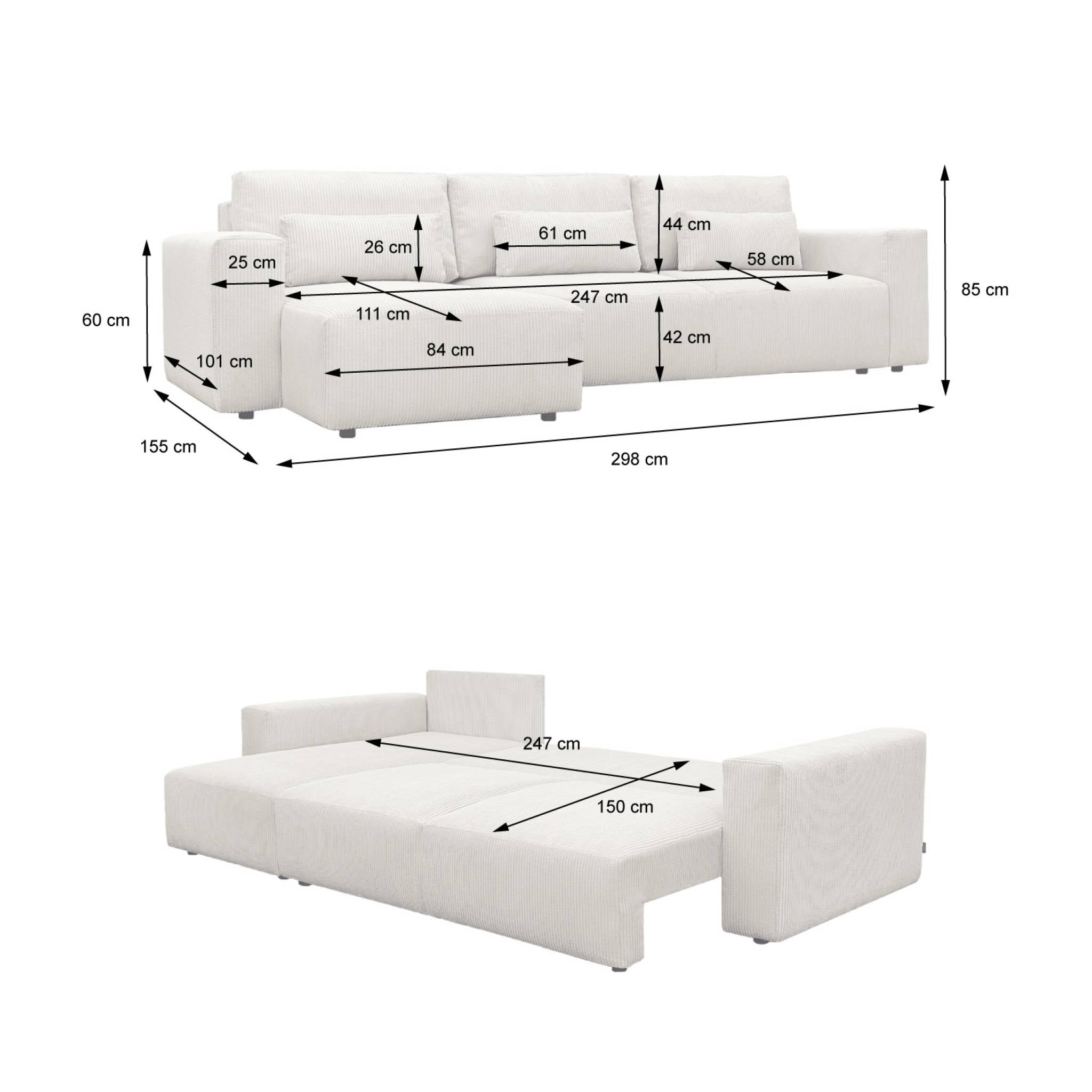 Divano letto reversibile 5 posti velluto a coste, grigio