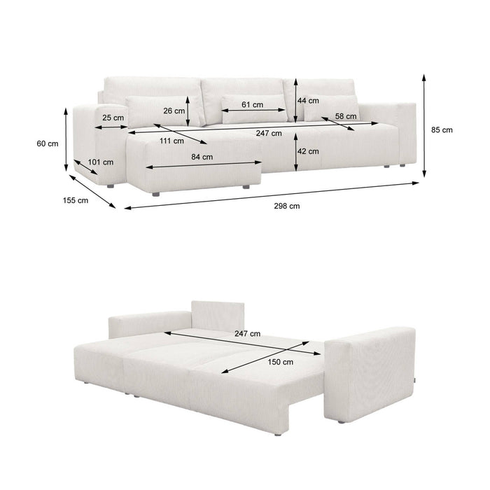 Divano letto reversibile 5 posti velluto a coste, grigio