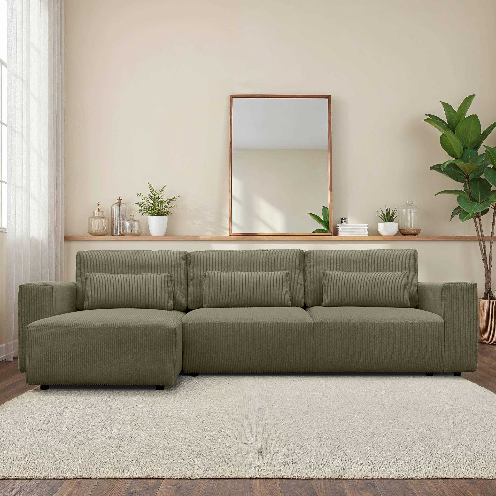 Divano ad angolo convertibile reversibile 5 posti velluto a coste,