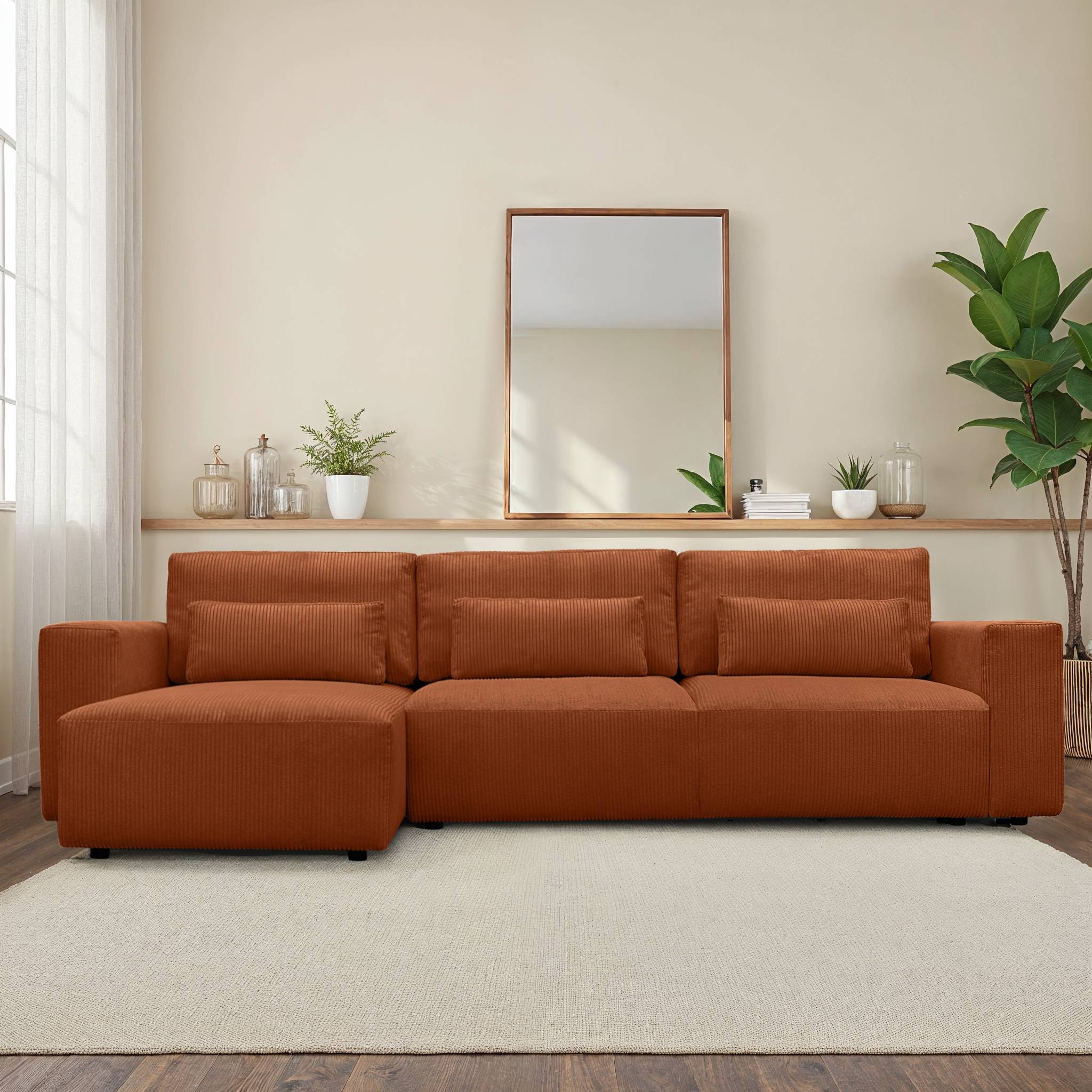 Divano ad angolo convertibile reversibile 5 posti velluto a coste,