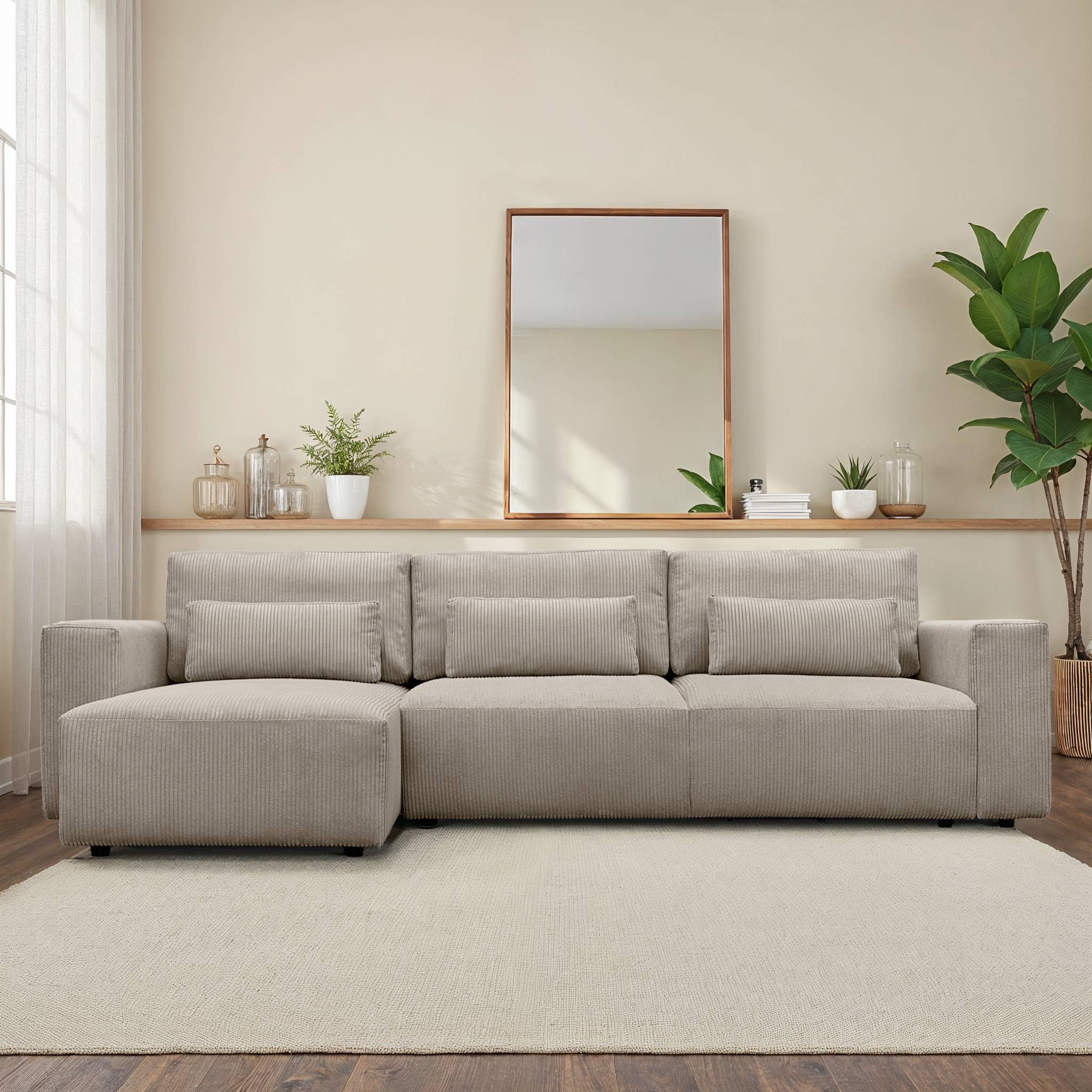 Divano ad angolo convertibile reversibile 5 posti velluto a coste,