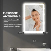 Specchio Bagno con Interruttore Touch, Luce LED a 3 Temperature e Antiappannamento, 70x50cm