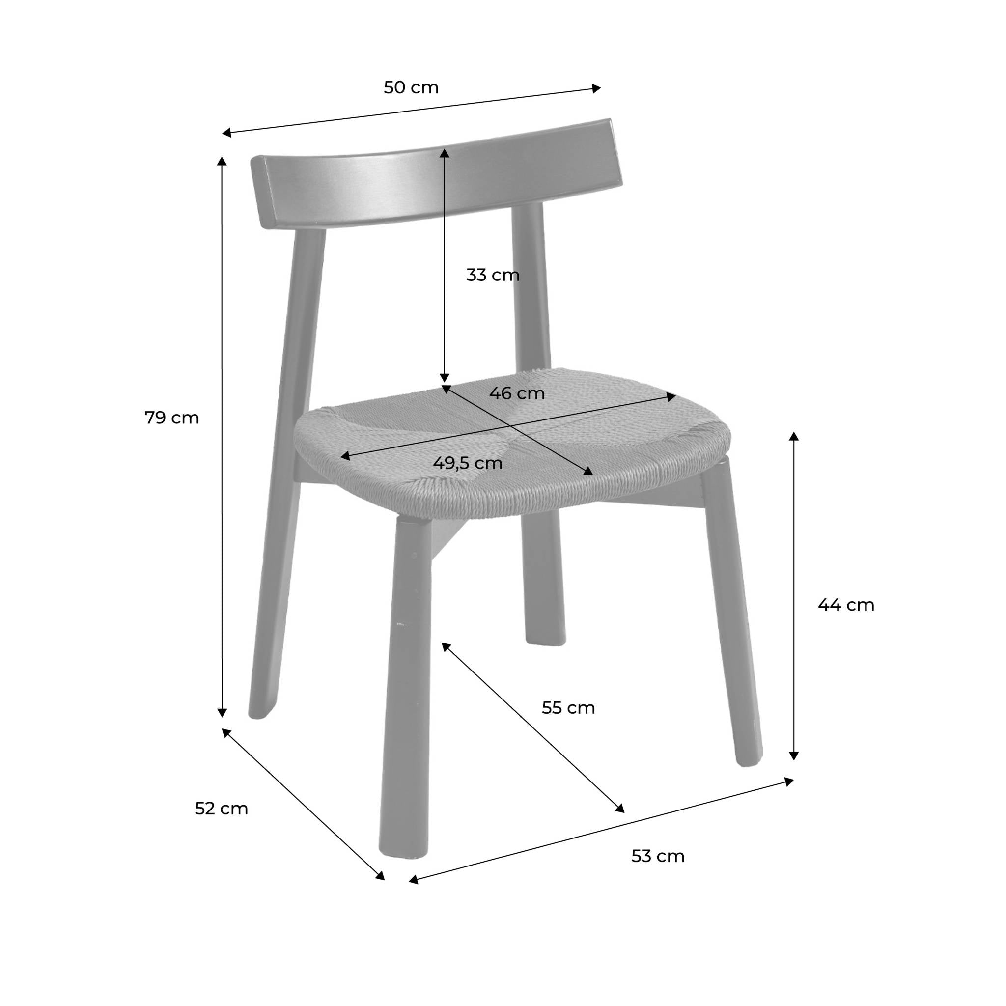 Set 2 sedie scandinave legno hevea seduta in corda, nero