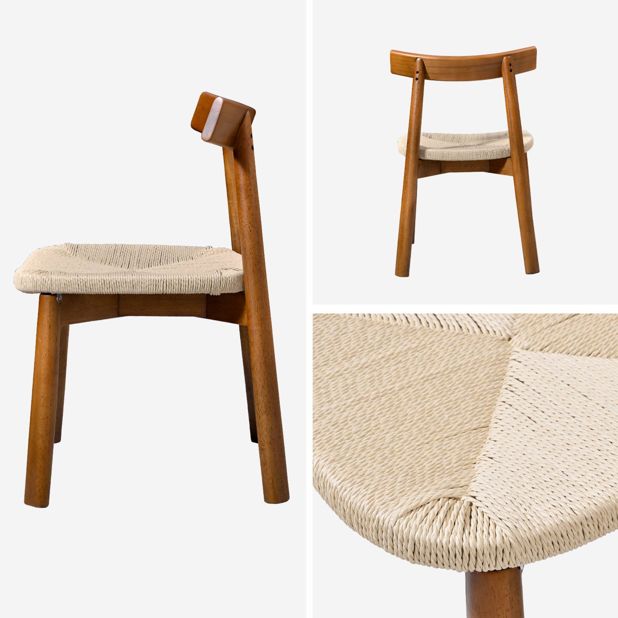 Set 2 sedie scandinave legno hevea seduta in corda, effetto noce