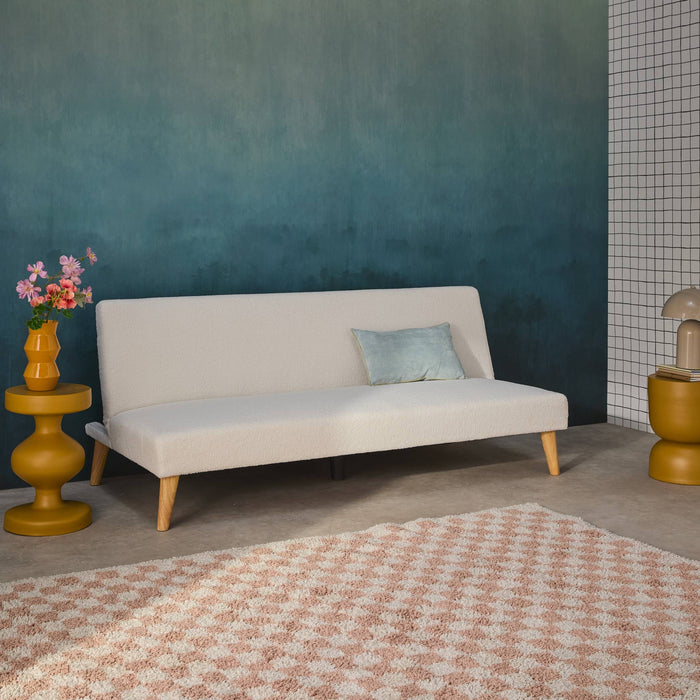 Divano panca convertibile 3 posti bouclé gambe legno, bianco