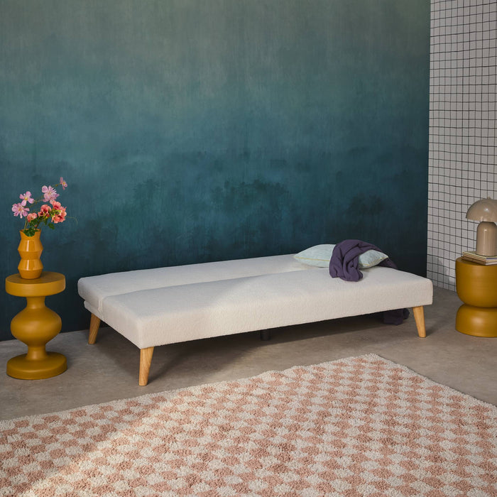 Divano panca convertibile 3 posti bouclé gambe legno, bianco