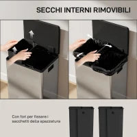 Pattumiera a Pedale con 2 Scomparti da 30L, Coperchio Ammortizzato e Secchi Rimovibili, Acciaio Inox, Argento