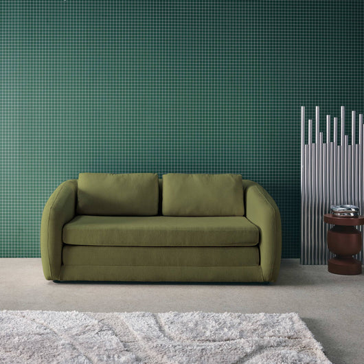 Divano letto in tessuto ciniglia, 2 posti, verde kaki