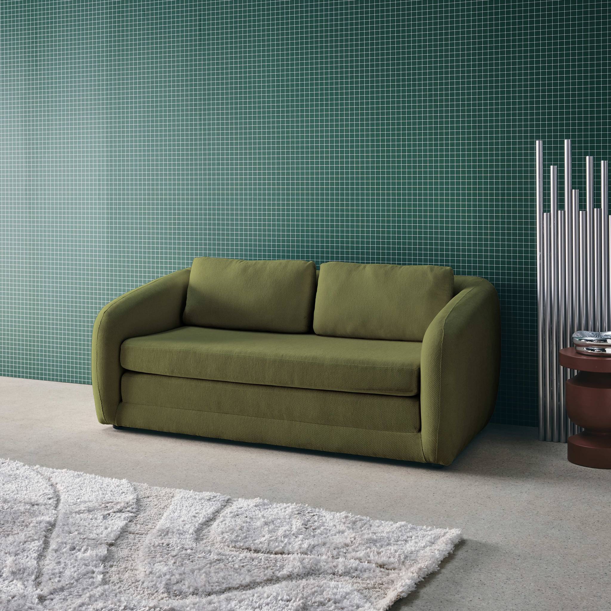 Divano letto in tessuto ciniglia, 2 posti, verde kaki