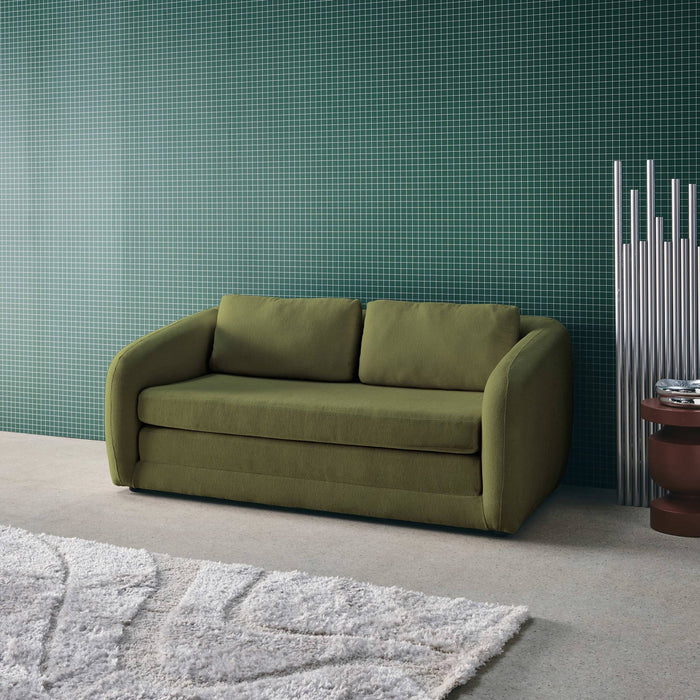 Divano letto in tessuto ciniglia, 2 posti, verde kaki