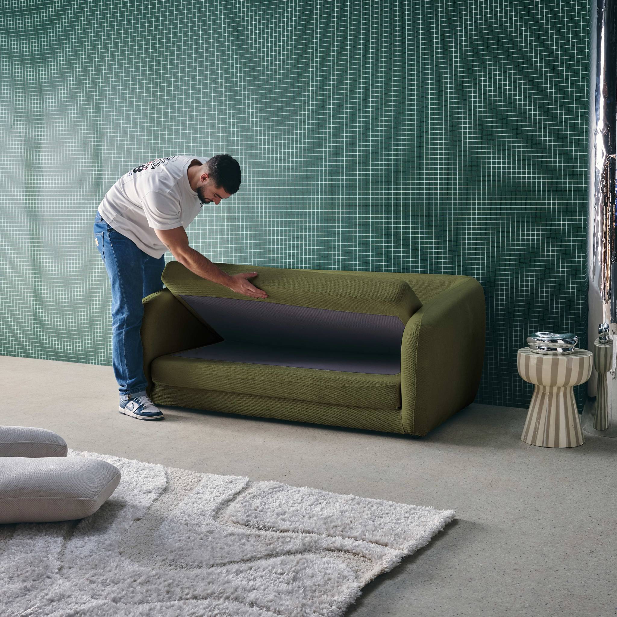 Divano letto in tessuto ciniglia, 2 posti, verde kaki