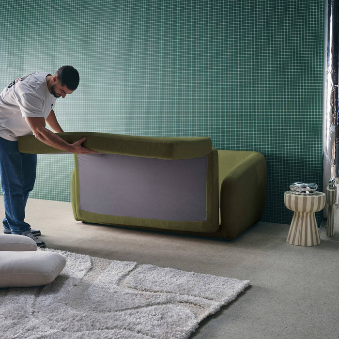 Divano letto in tessuto ciniglia, 2 posti, verde kaki