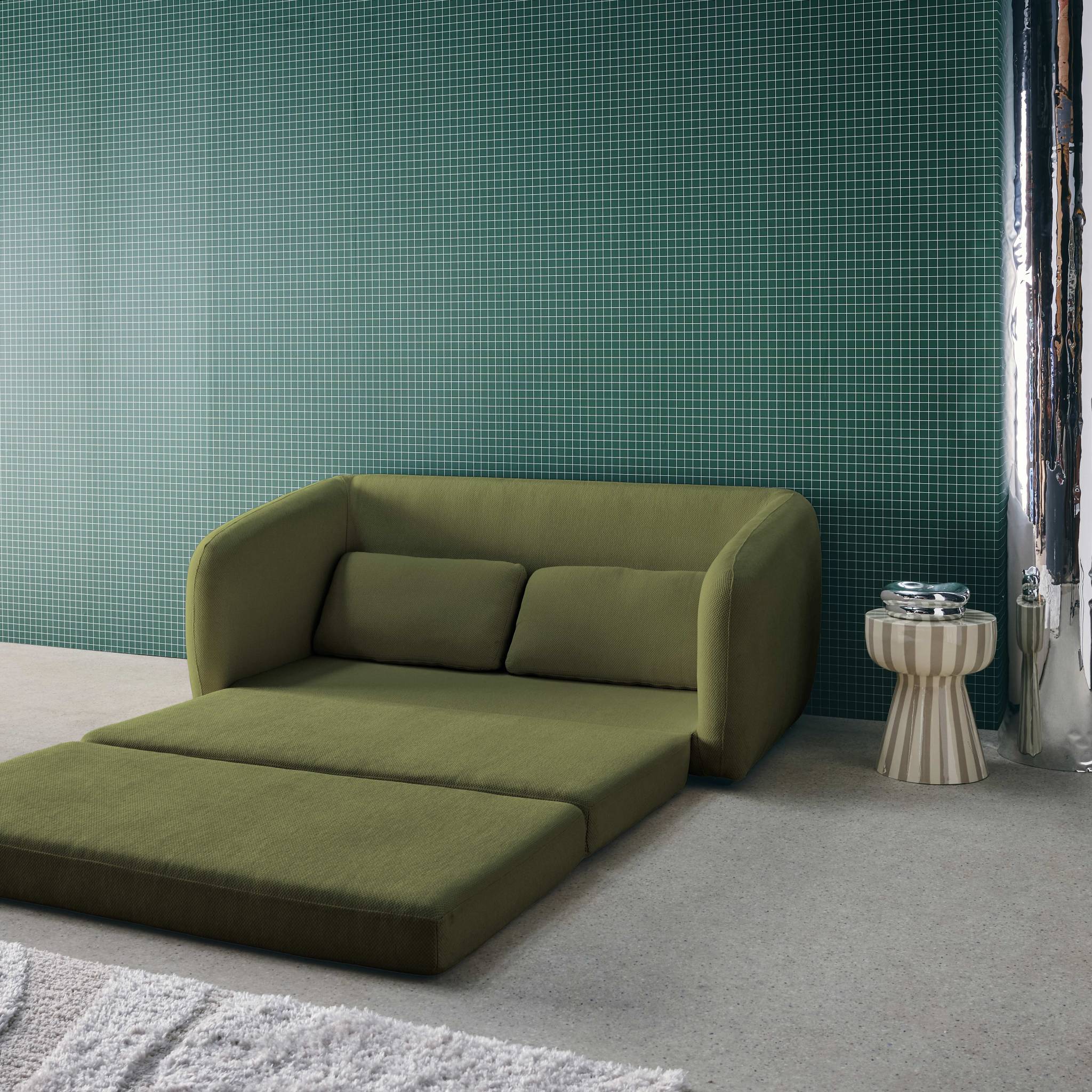 Divano letto in tessuto ciniglia, 2 posti, verde kaki