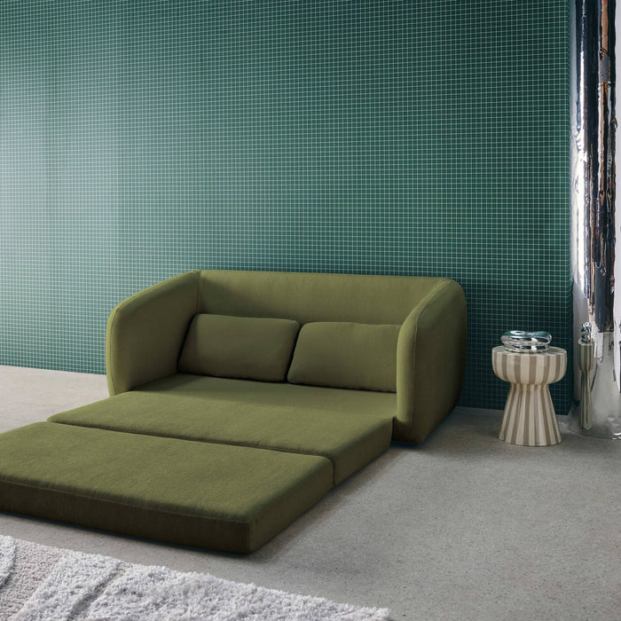 Divano letto in tessuto ciniglia, 2 posti, verde kaki