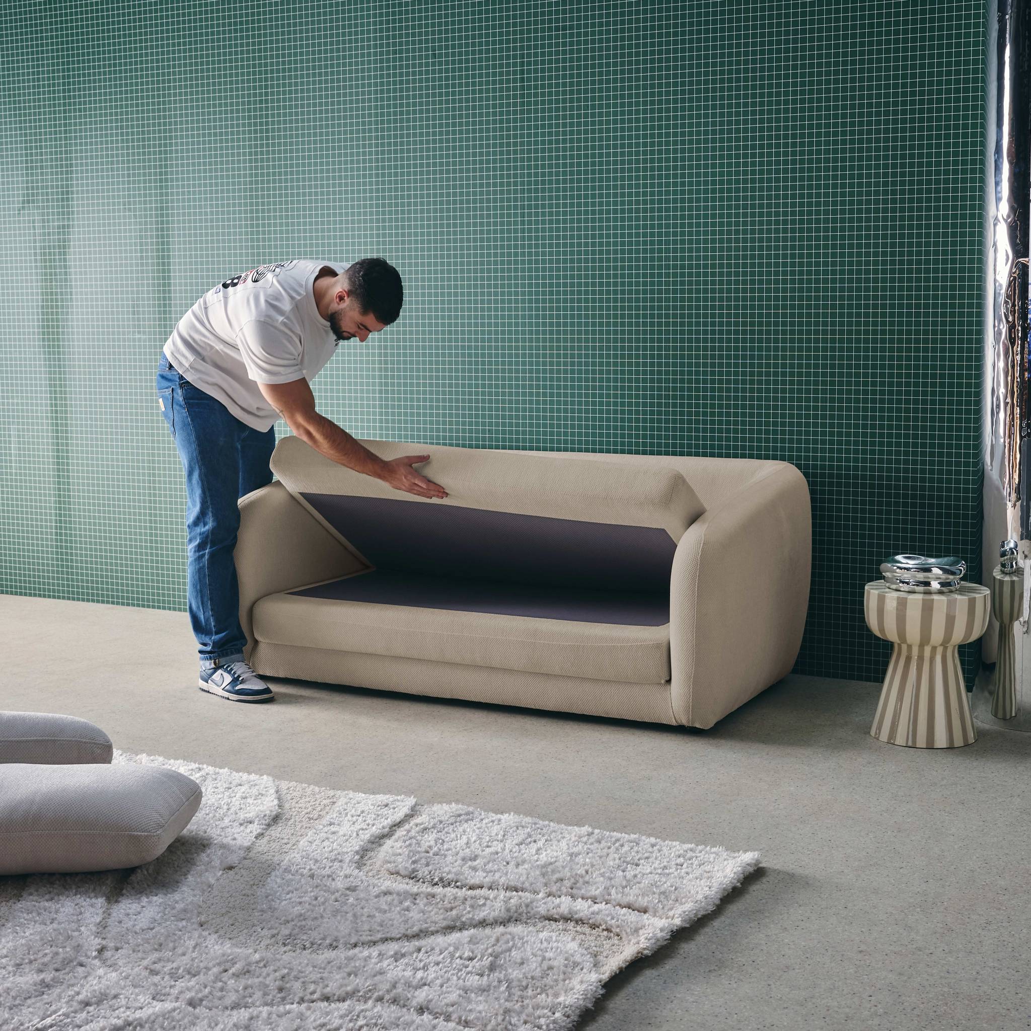 Divano letto in tessuto ciniglia, 2 posti, grigio chiaro