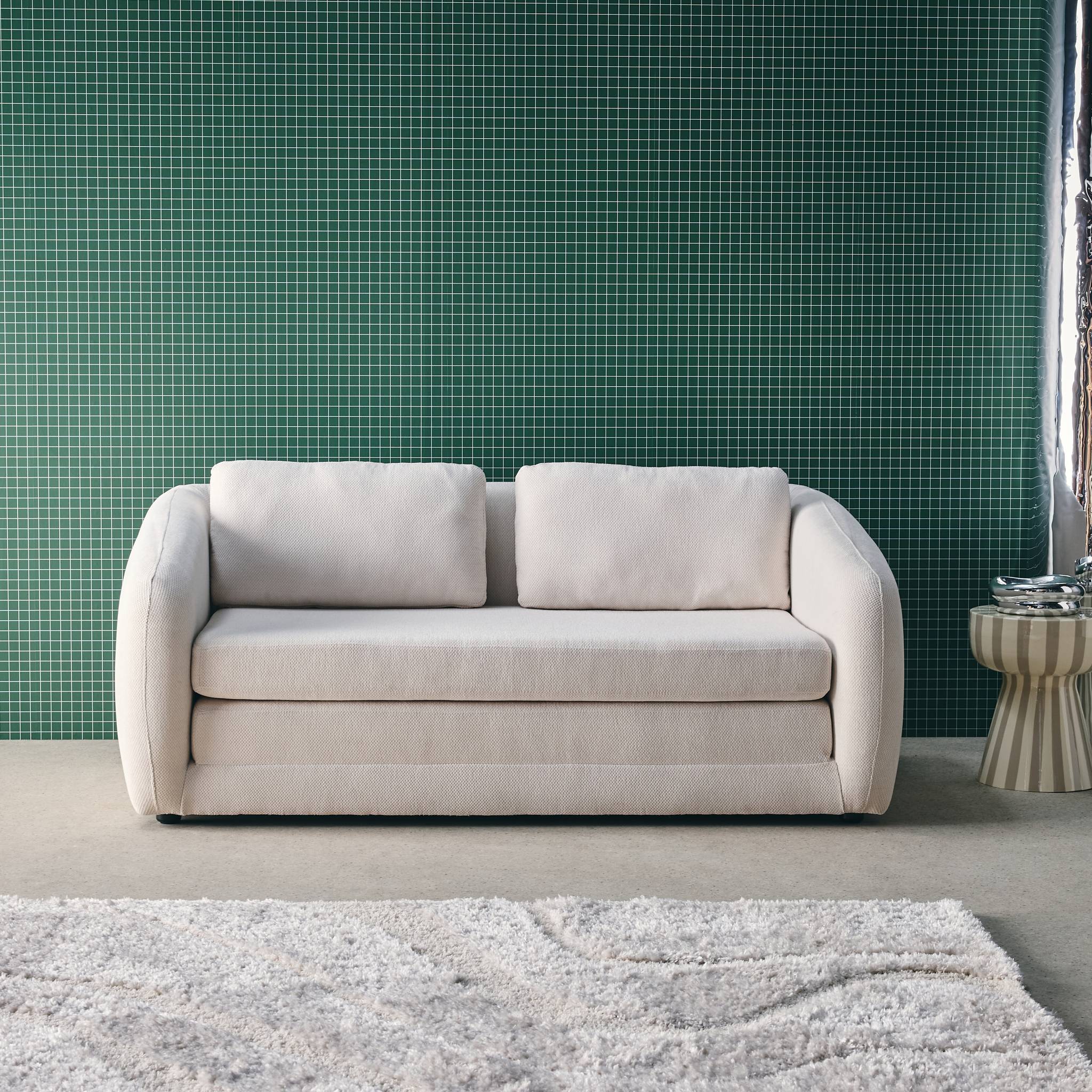 Divano letto in tessuto ciniglia, 2 posti, bianco