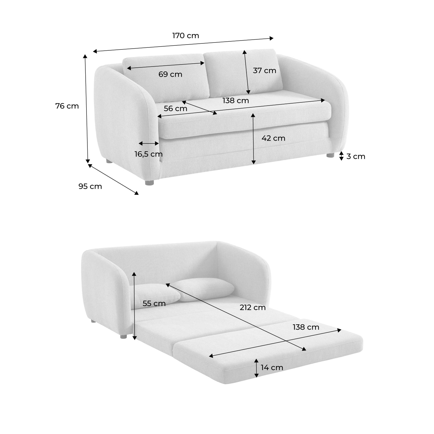 Divano letto in tessuto ciniglia, 2 posti, bianco