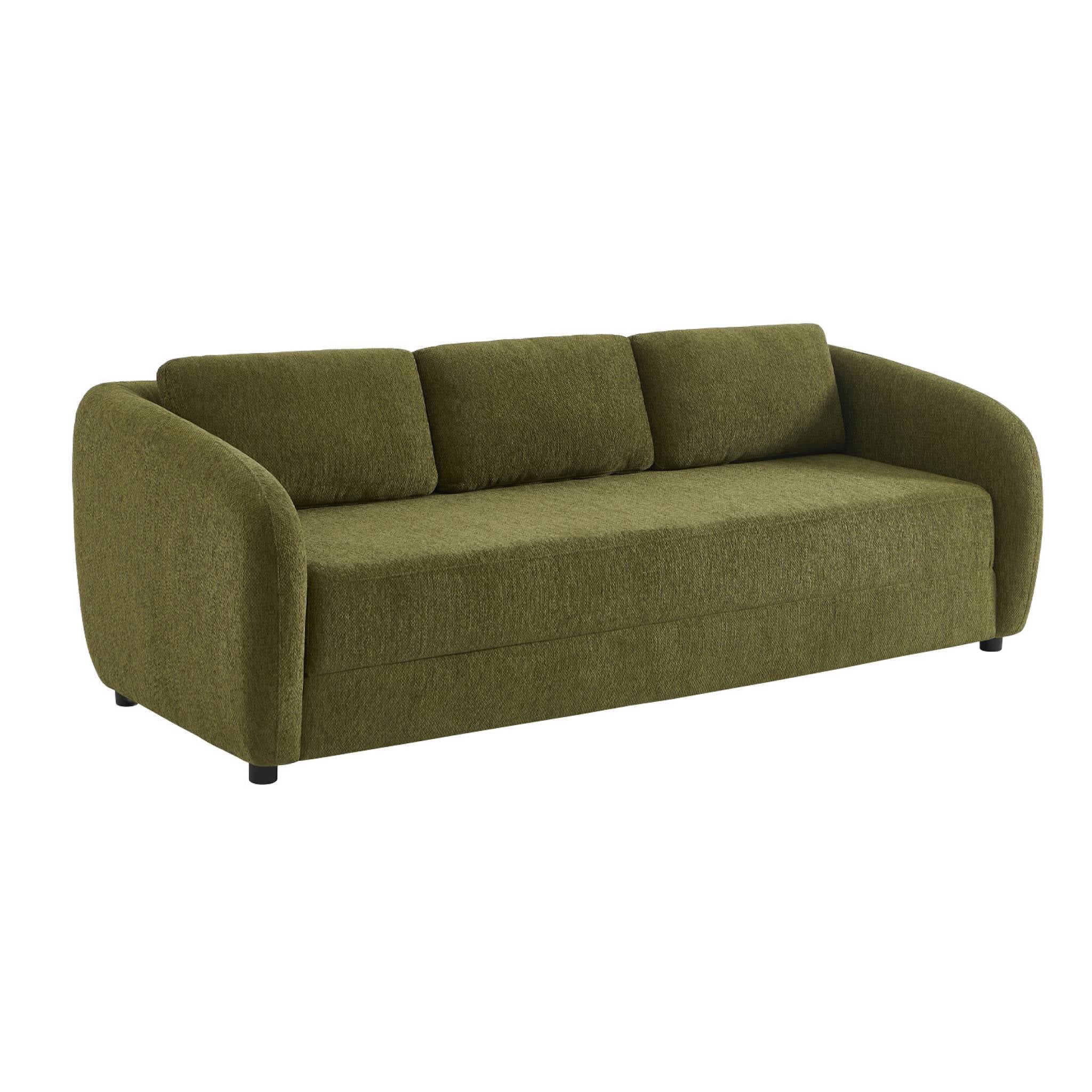 Divano letto in tessuto ciniglia, 3 posti, verde kaki