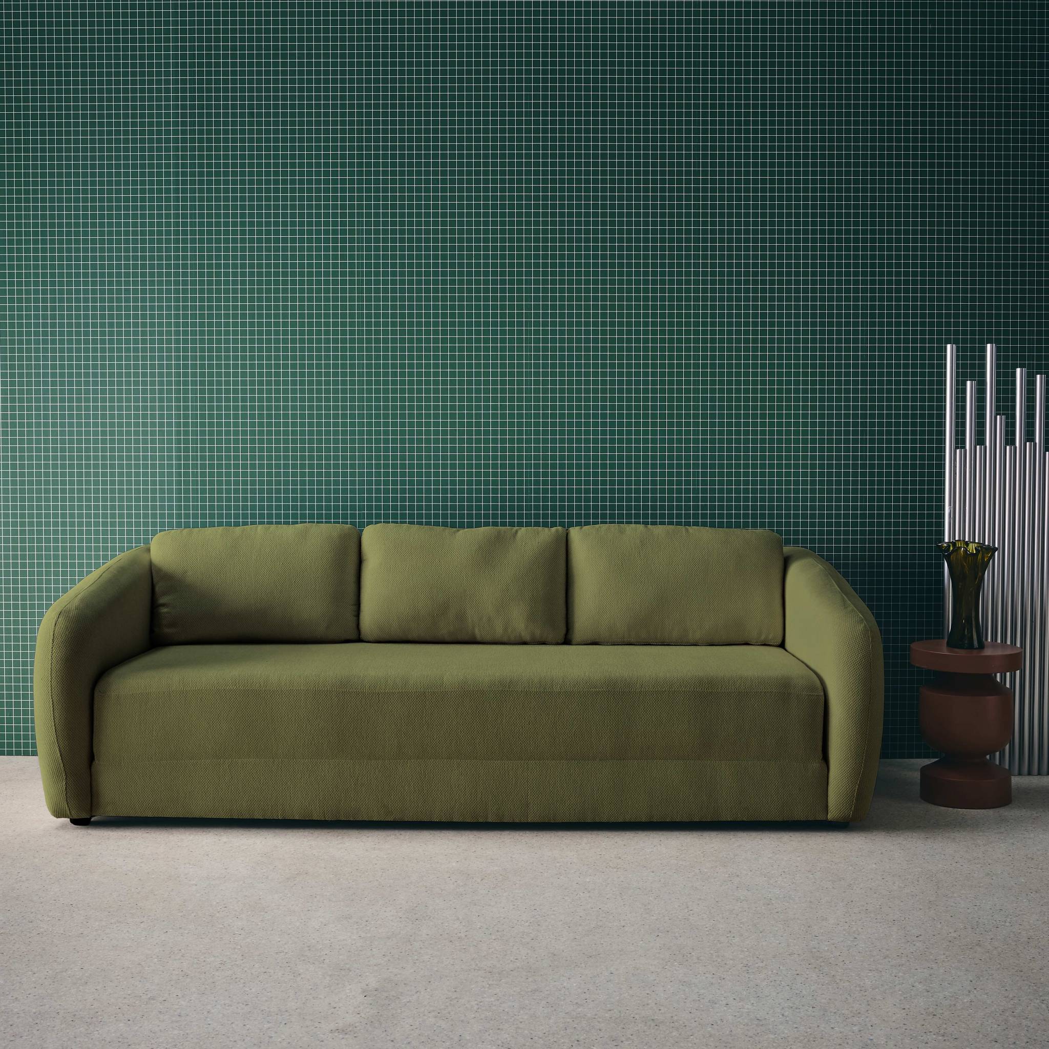 Divano letto in tessuto ciniglia, 3 posti, verde kaki