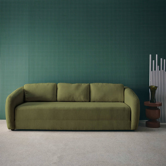 Divano letto in tessuto ciniglia, 3 posti, verde kaki