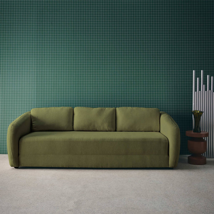 Divano letto in tessuto ciniglia, 3 posti, verde kaki