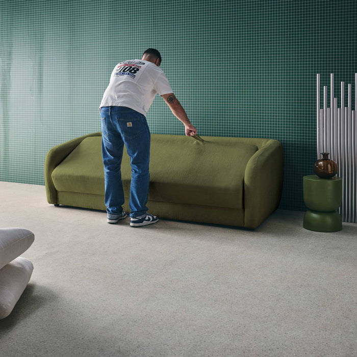 Divano letto in tessuto ciniglia, 3 posti, verde kaki