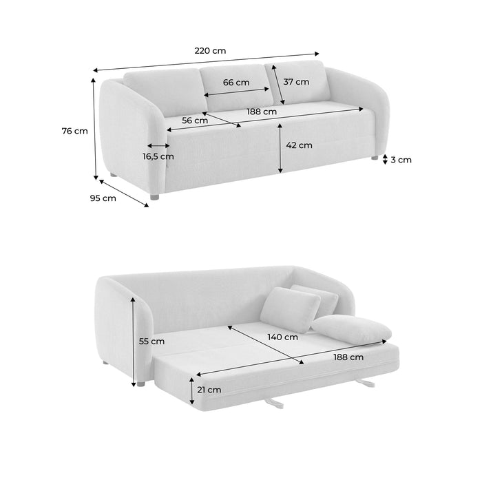 Divano letto in tessuto ciniglia, 3 posti, verde kaki