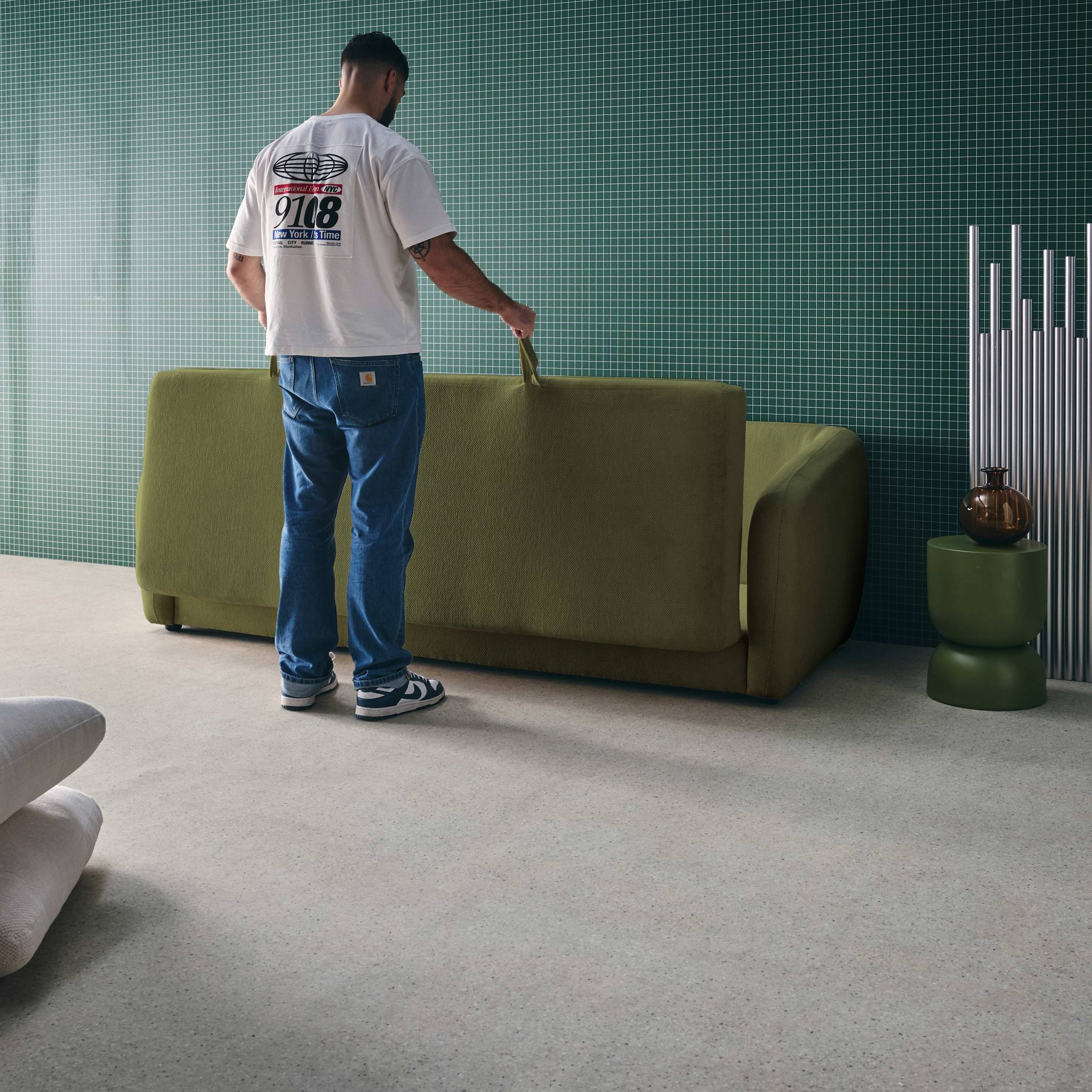 Divano letto in tessuto ciniglia, 3 posti, verde kaki