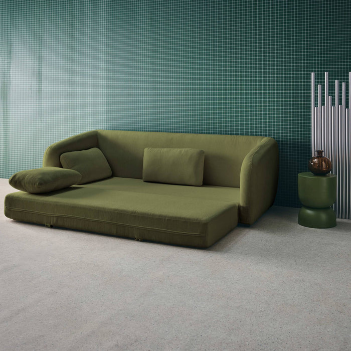 Divano letto in tessuto ciniglia, 3 posti, verde kaki